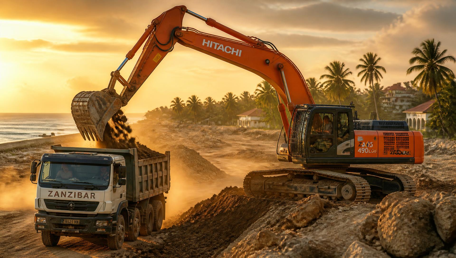 Excavator loading a tipper truck on a construction site in Zanzibar